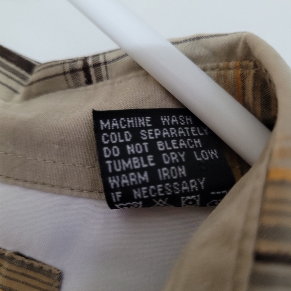 Men's Enyce Size Medium Short Sleeve Button-down Plaid Shirt Tan w/Gold & Blue - Picture 5 of 13